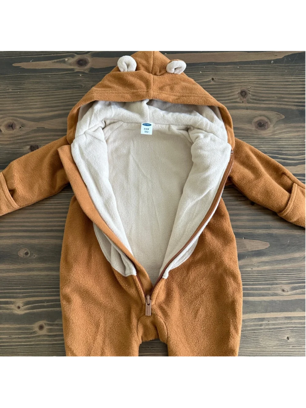 Old Navy Bear Footie 3 6M Brown Fleece Baby Bunting Hooded